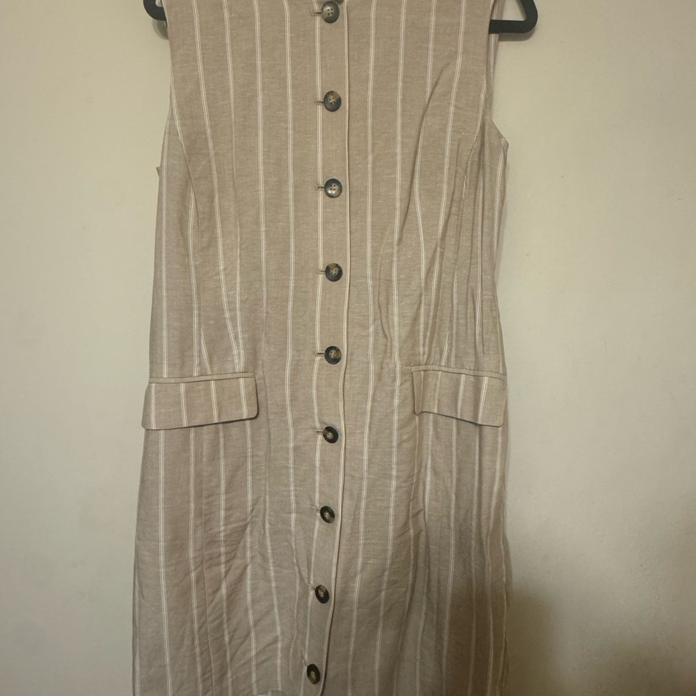 Ann Taylor Taupe Button-Front Linen Blend Midi Dress